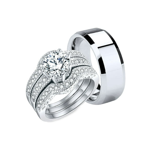 MABELLA Couple Rings Women's Sterling Silver CZ Engagement Wedding Ring Set and Men's Stainless Steel Matching Wedding Band
