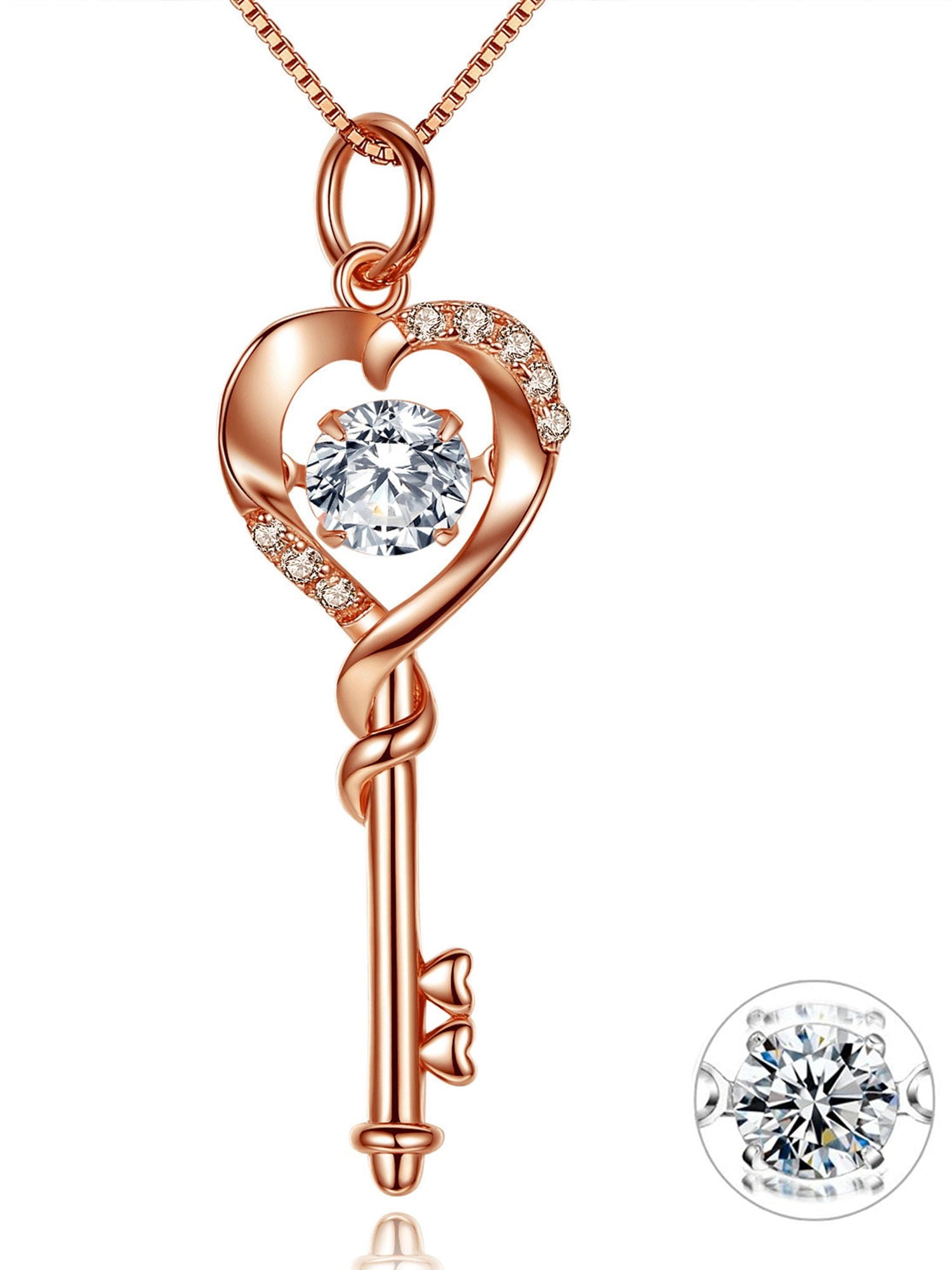 MABELLA Dancing Diamond Key to Heart Rose Gold Plated Sterling Silver Key Pendant Necklace, Mother's Day Gifts for Women