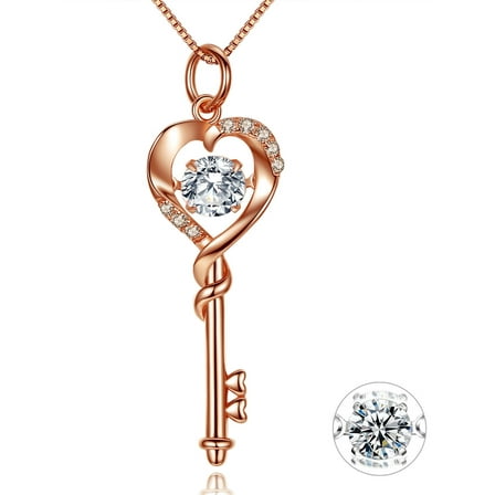 MABELLA Dancing Diamond Key to Heart Rose Gold Plated Sterling Silver Key Pendant Necklace, Mother's Day Gifts for Women