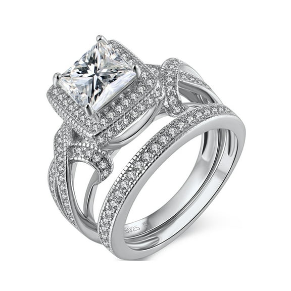 MABELLA Infinity Princess Cut Cz Sterling Silver Wedding Engagement Bridal Ring Set