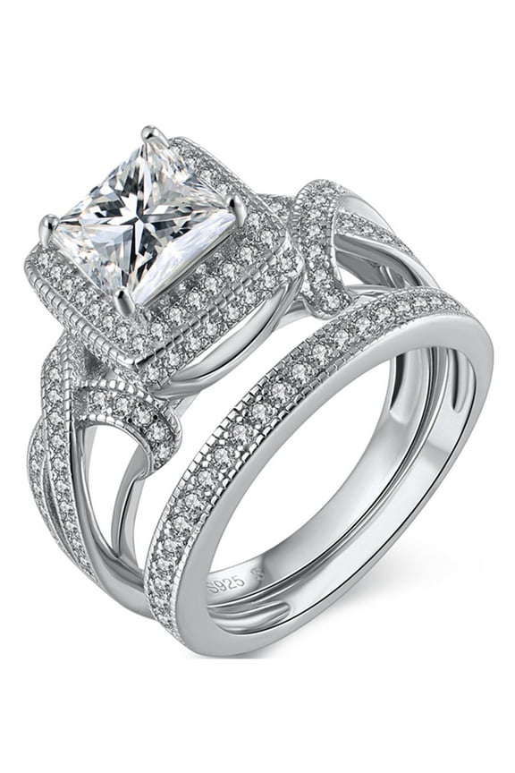 Infinity Princess Cut Cz Sterling Silver Wedding Engagement Bridal Ring Set