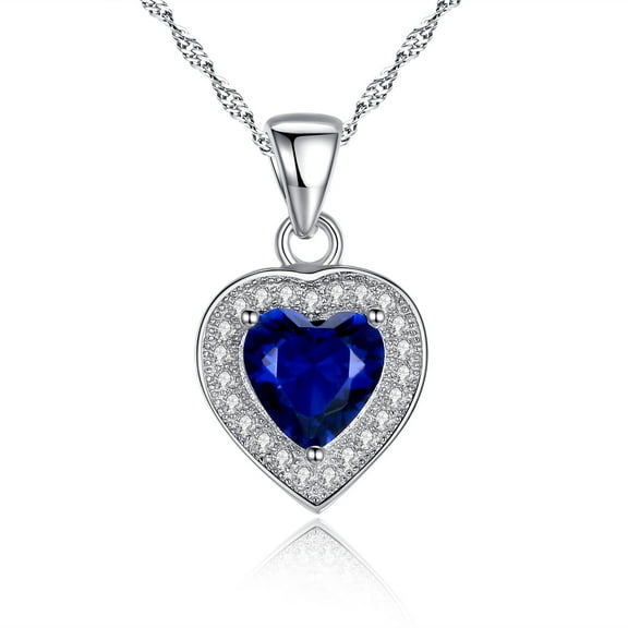 MABELLA Sterling Silver Created Blue Sapphire Cut Heart Shape Pendant Necklace Jewelry Gifts for Women, 18 Chain