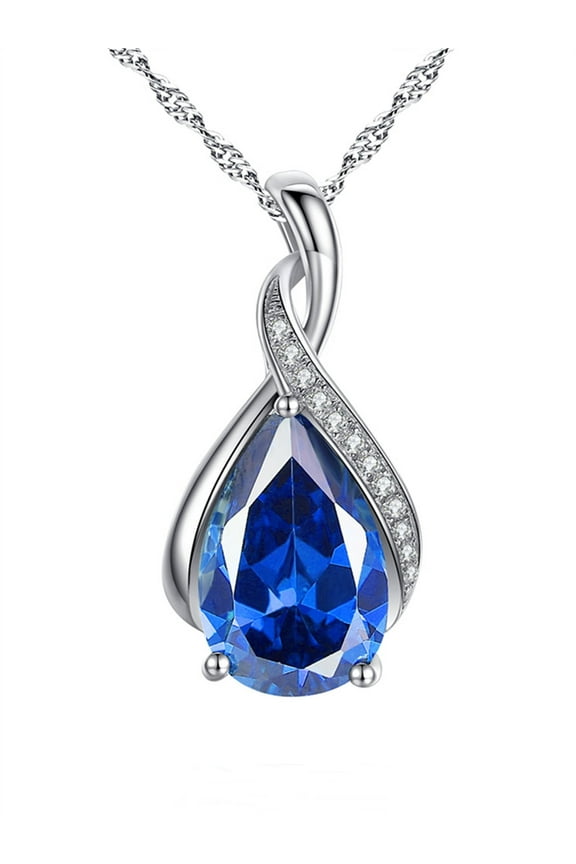 Sterling Silver Simulated Blue Sapphire Birthstone Pendant Necklace, Mother's Day Gifts for Women