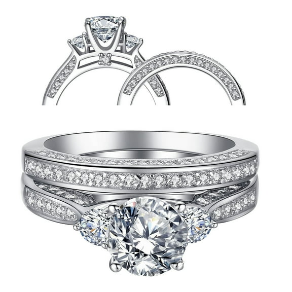 MABELLA Three Stone Brilliant Cut CZ Sterling Silver Wedding Rings Size 6