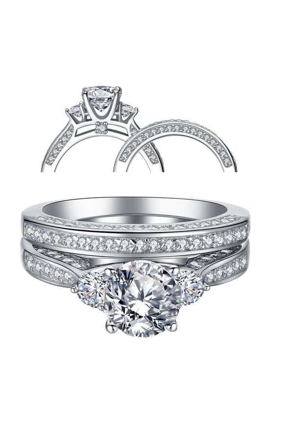 Three Stone Brilliant Cut CZ Sterling Silver Wedding Rings Size 9