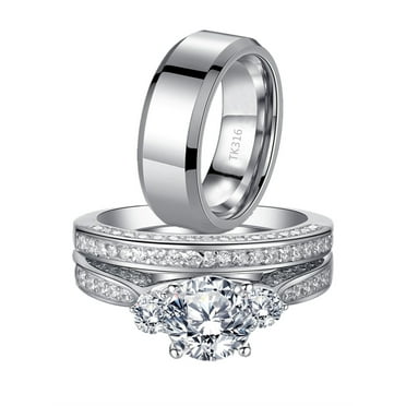 MABELLA Women 925 Sterling Silver CZ Wedding Rings Set,Mens Stainless Steel Matching Band