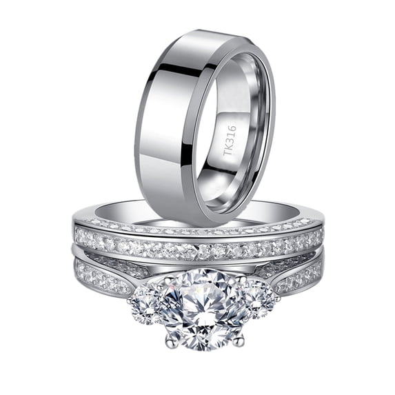 MABELLA Women 925 Sterling Silver CZ Wedding Rings Set,Mens Stainless Steel Matching Band