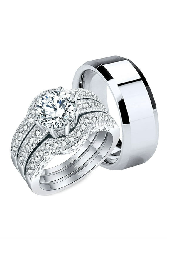 Women Sterling Silver CZ Engagement Wedding Ring Set Men's Stainless Steel Band