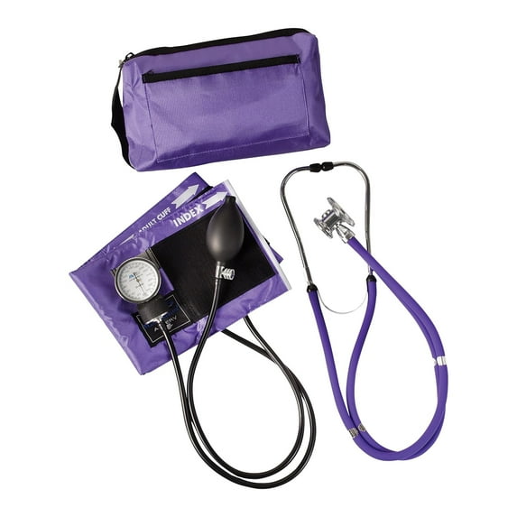 MABIS MatchMates Aneroid Sphygmomanometer and 31" Sprague Rappaport Stethoscope Combination Manual Blood Pressure Kit with Calibrated Nylon Cuff and Oversized Carrying Case, Adult Purple