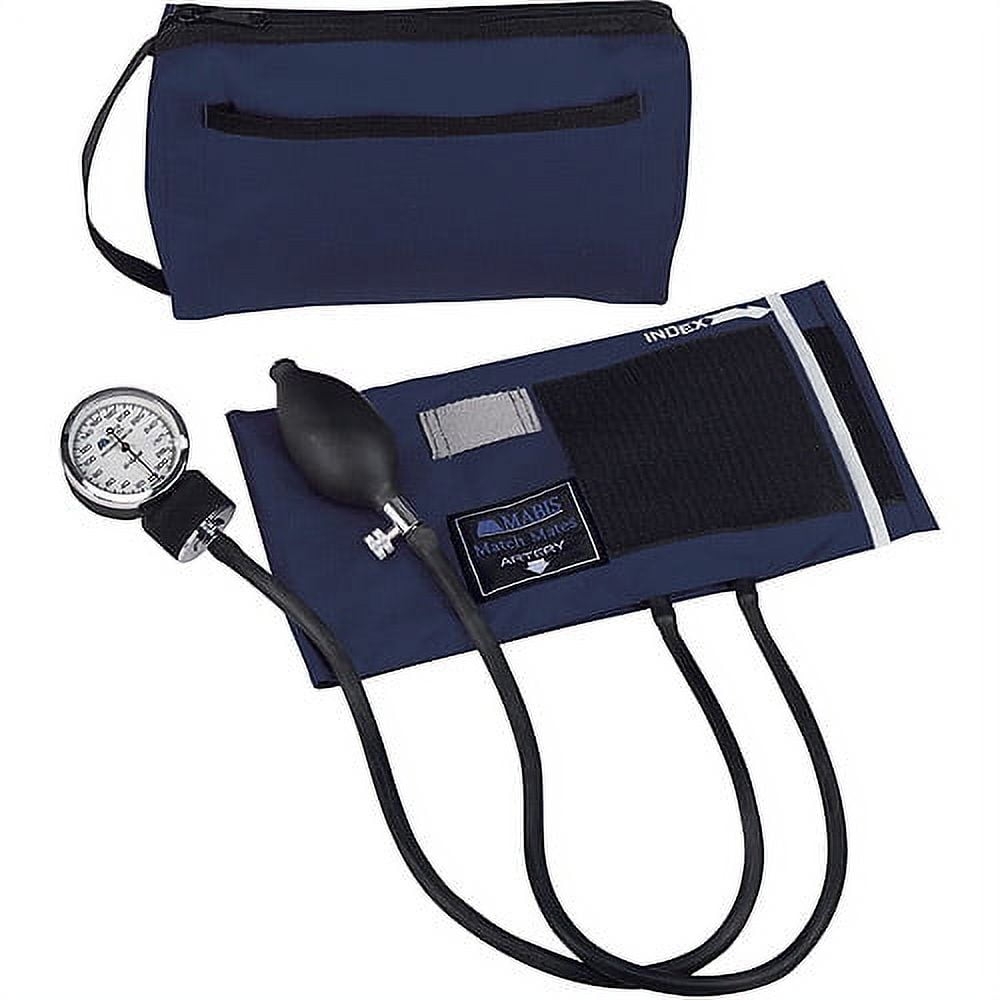 MABIS MatchMates Manual Blood Pressure Monitor Kit Aneroid Sphygmomanometer with Calibrated Nylon Cuff and Oversized Carrying Case, Adult, Navy