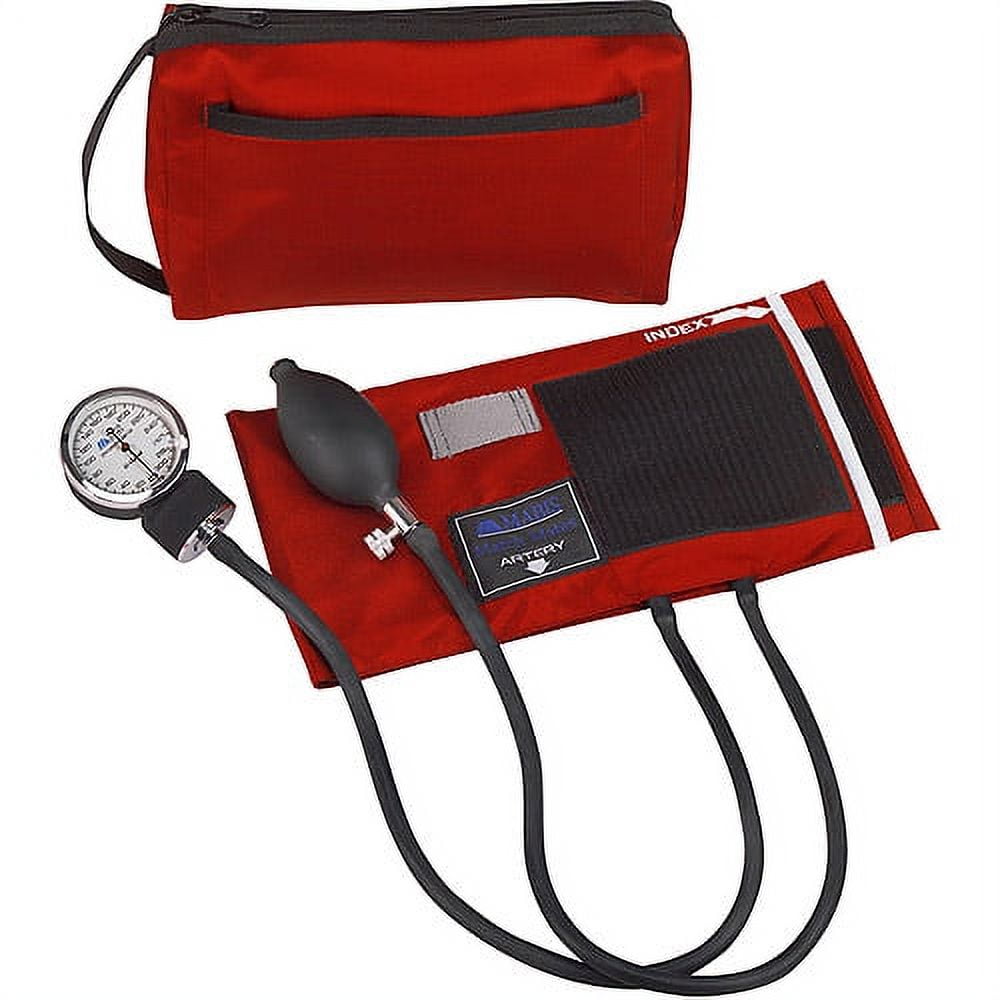 MABIS MatchMates Manual Blood Pressure Monitor Kit Aneroid Sphygmomanometer with Calibrated Nylon Cuff and Oversized Carrying Case, Adult, Red