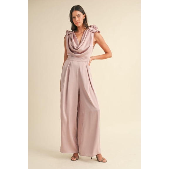 MABLE 3D Floral Applique Deep Cowl Neck Jumpsuit Dusty Mauve