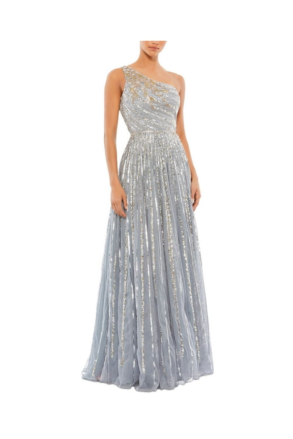 Womens Gray Embellished Zippered Lined Beaded Overlay Sleeveless Asymmetrical Neckline Full-Length Formal Gown Dress 2