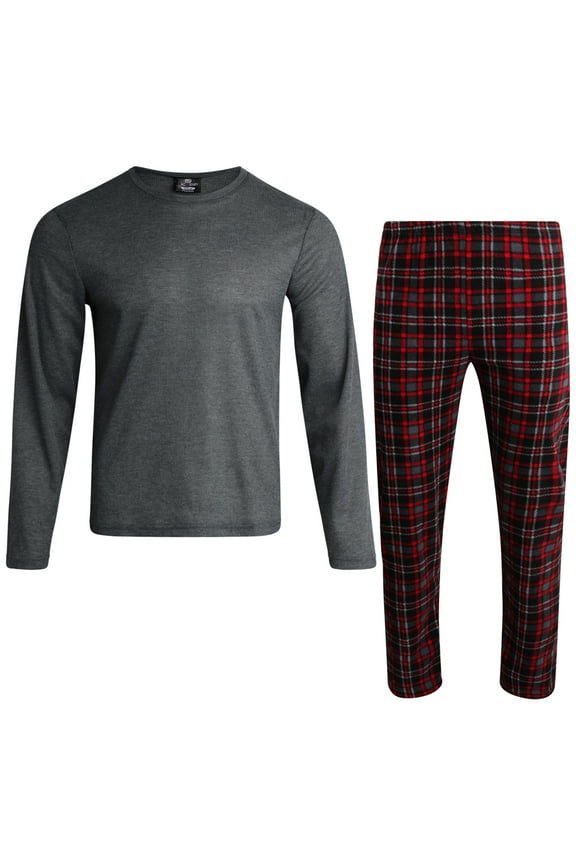Mens Pajama Sets - 2 Piece Thermal Waffle Shirt & Polar Fleece Plaid Pajama Pants (S–XL)