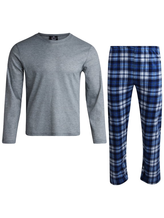 Mens Pajama Sets - 2 Piece Thermal Waffle Shirt & Polar Fleece Plaid Pajama Pants (S–XL)