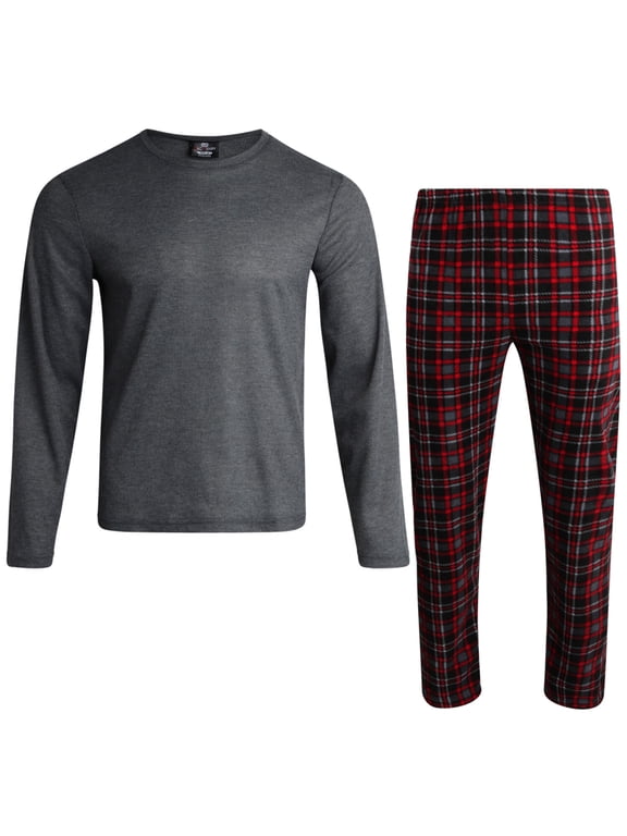 Mens Pajama Sets - 2 Piece Thermal Waffle Shirt & Polar Fleece Plaid Pajama Pants (S–XL)