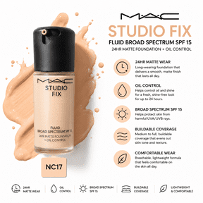 MAC Studio Fix Fluid Foundation NC17 SPF 15, 24HR Matte + Oil Control, 1 oz