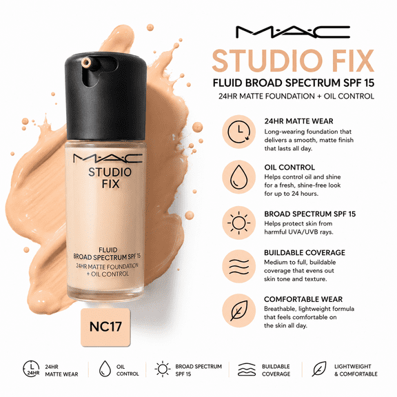 MAC Studio Fix Fluid Foundation NC17 SPF 15, 24HR Matte + Oil Control, 1 oz