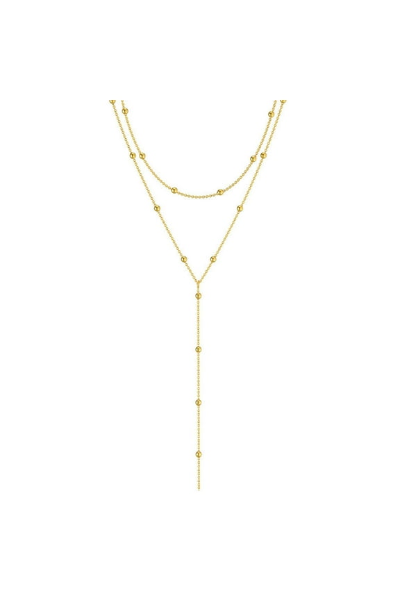 Lariat Pendant Necklace 14k Gold Plated Layered Beaded Chain for Women
