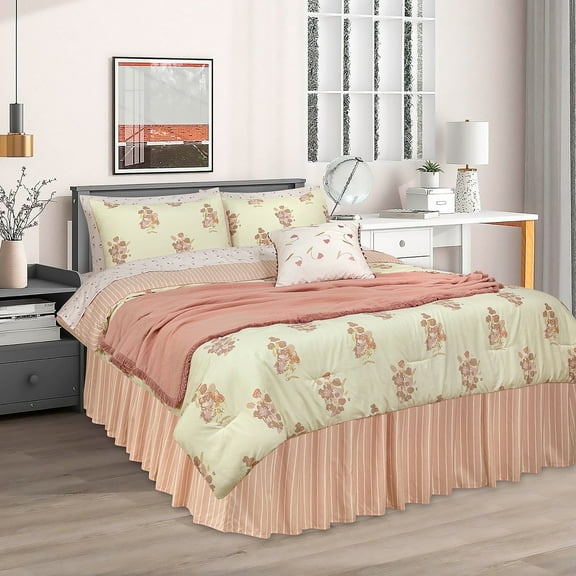 SCAD Piece by Piece 7-Piece Bedding Set, Floral - Butter Yellow / Dusty Mauve, Bed in a Bag with Reversible Comforter and Sheet Set, Queen