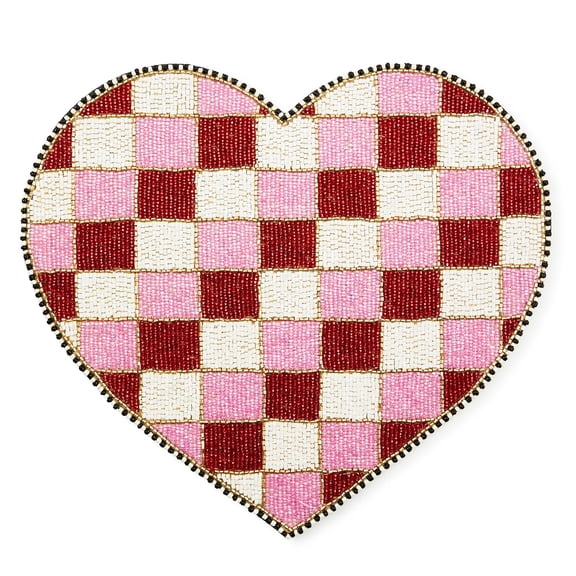 MACKENZIE-CHILDS Beaded Placemat, Indoor Table Mat, Red-and-White Check Heart Shaped Y101