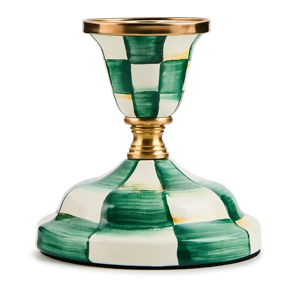 MACKENZIE-CHILDS Enamel Candlestick, Cute Candle-Holder Decor, Short, Green-and-White Emerald Check Y101