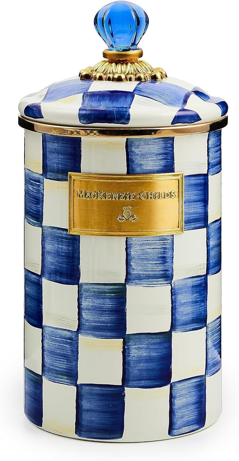 MacKenzie-Childs Large White Flower Market Enamel Canister - 1.89 Liter Kitchen Storage For Flour, Sugar & More
