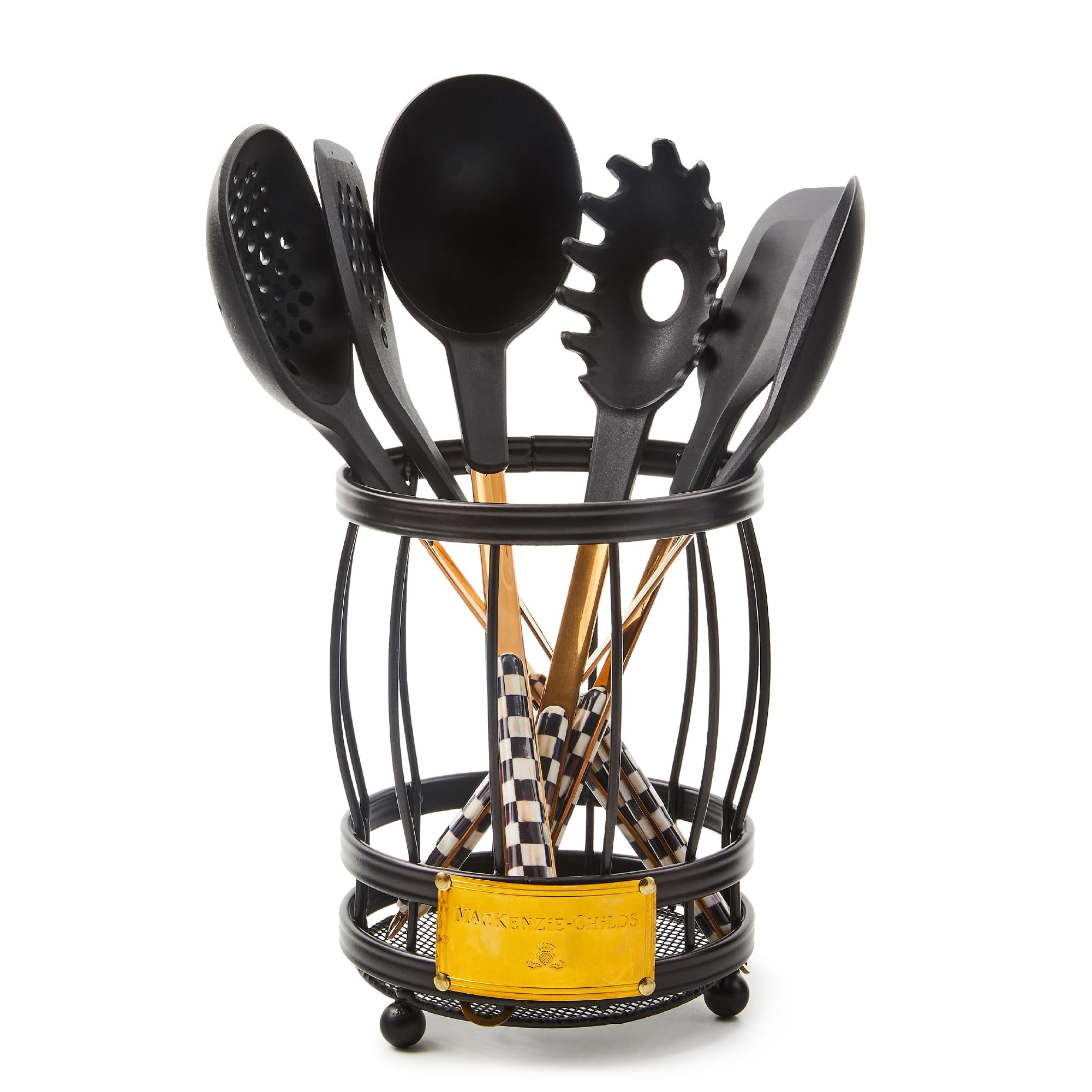 MacKenzie-Childs Slotted Kitchen Spatula – Silicone, Black-and-White Courtly Check Pattern, Stainless Steel Handle, Heat Resistant, Unique Gift