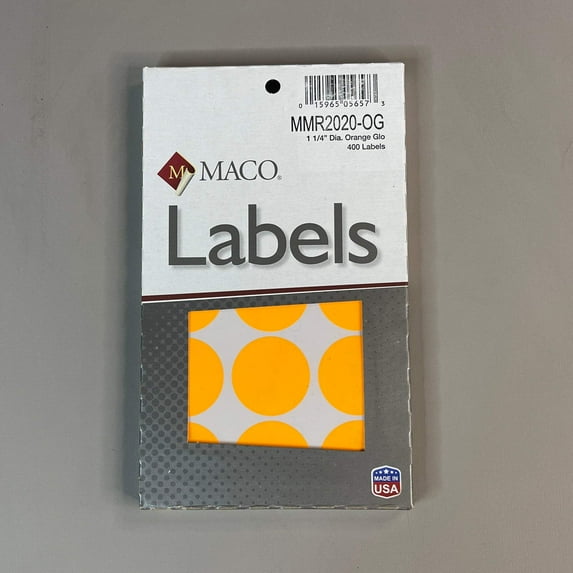 MACO 1-1/4" Dia. Orange Neon Round Color-Coding Labels, 400 per Box