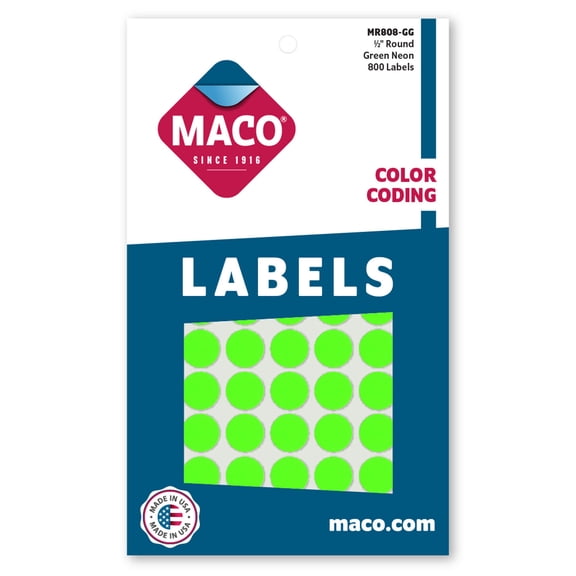 Maco 1/2" x Green Round Printer Labels, 800 Count