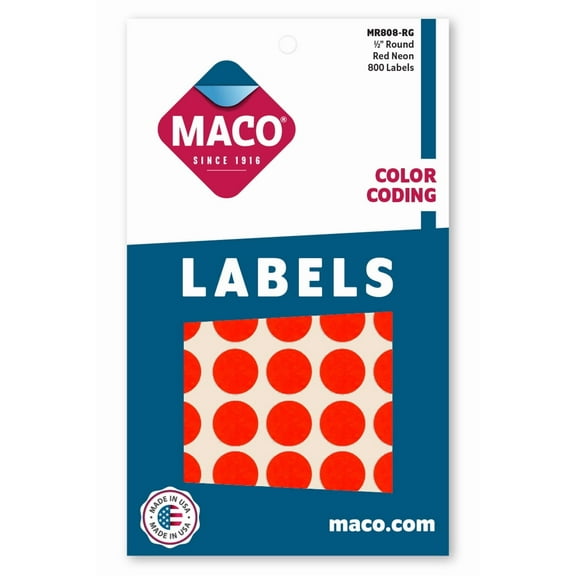 MACO 1/2" Dia. Red Neon Round Color-Coding Labels, 800 per Box