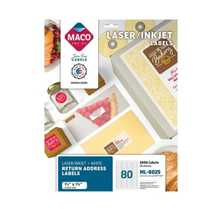MACO 1/2" x 1-3/4" Laser/Inkjet White Return Address Labels (80 Labels/Sheet) (25 Sheets/Box) (Interchangeable with Avery# 5267)