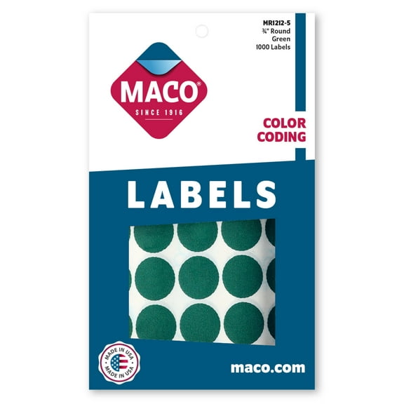 MACO 3/4" Dia. Green Round Color-Coding Labels, 1000 per Box