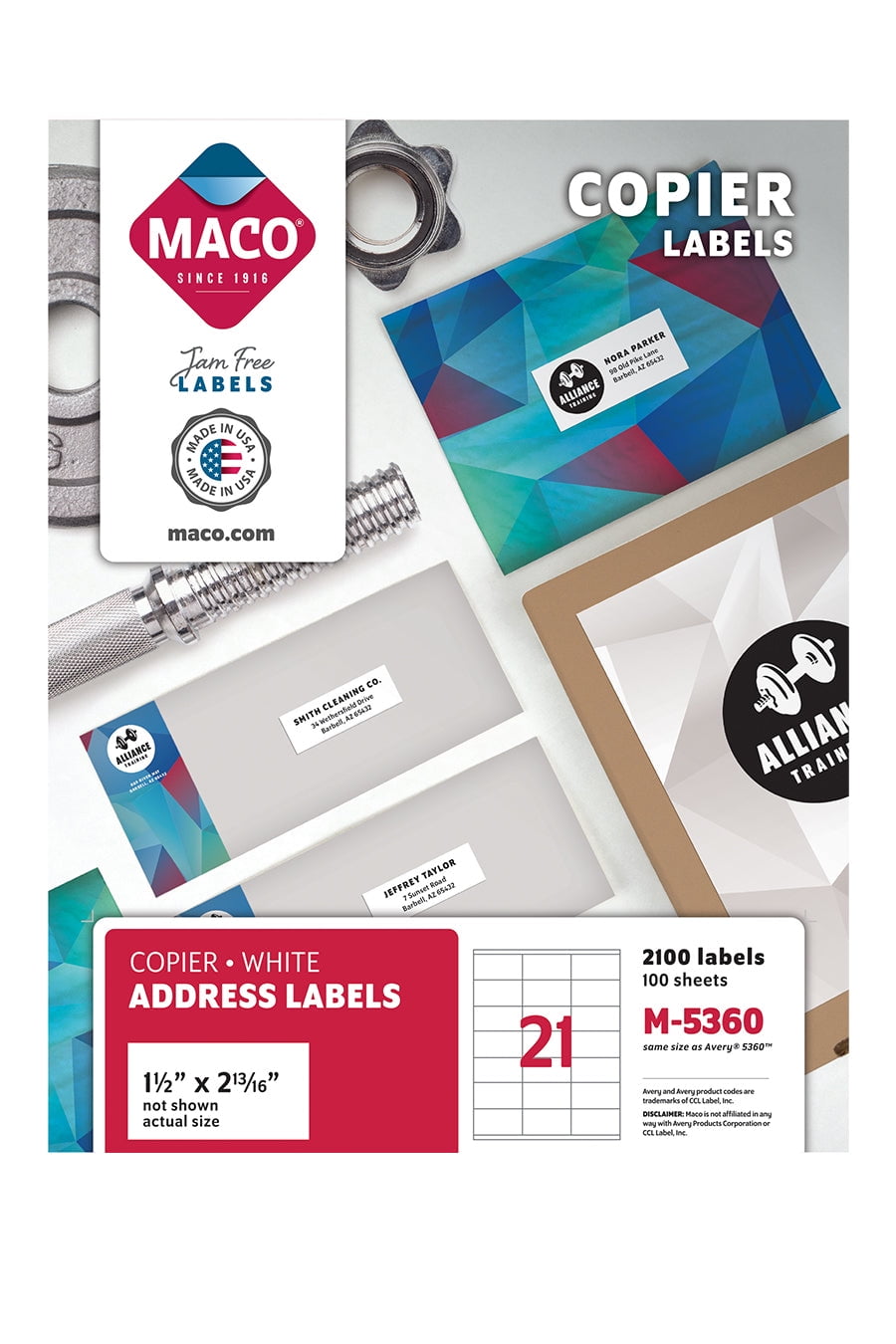MACO Copier White Address Labels, 11/2" x 213/16", 21 per Sheet, 2100