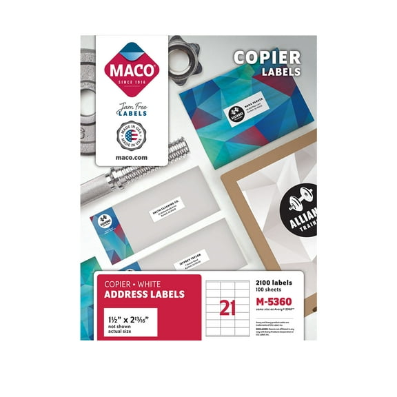 MACO Copier White Address Labels, 1-1/2" x 2-13/16", 21 per Sheet, 2100 per Box