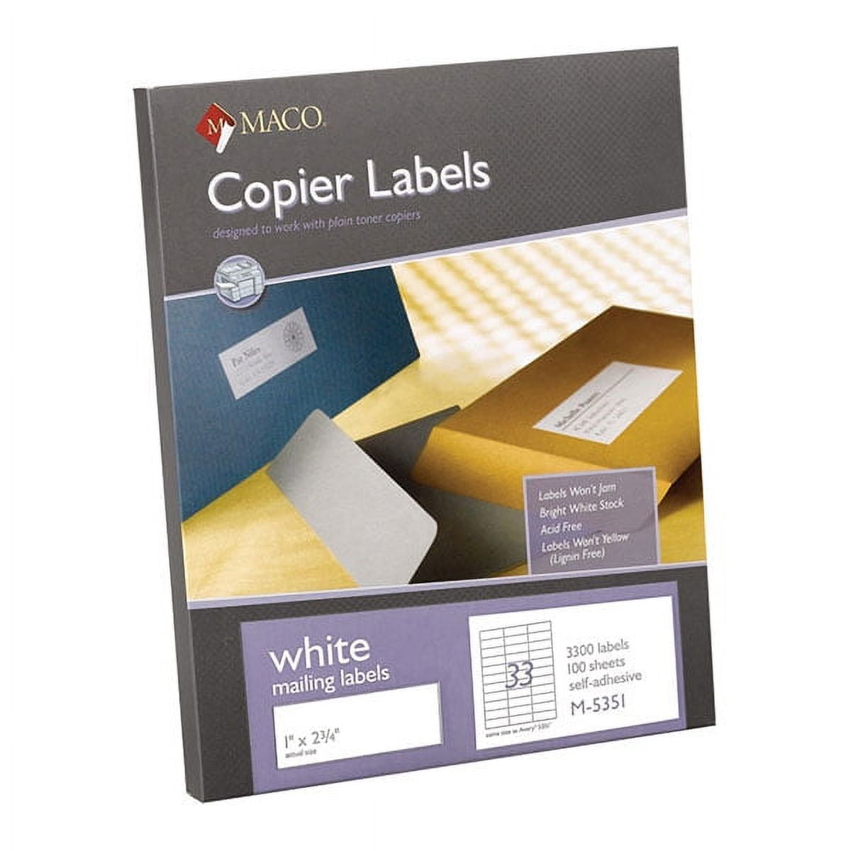 MACO Copier White Address Labels, 1" x 213/16", 33 per Sheet, 3300 per