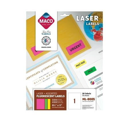 MACO Laser Assorted Neon Labels, 8.5" x 11", 1 per Sheet, 25 per Pack