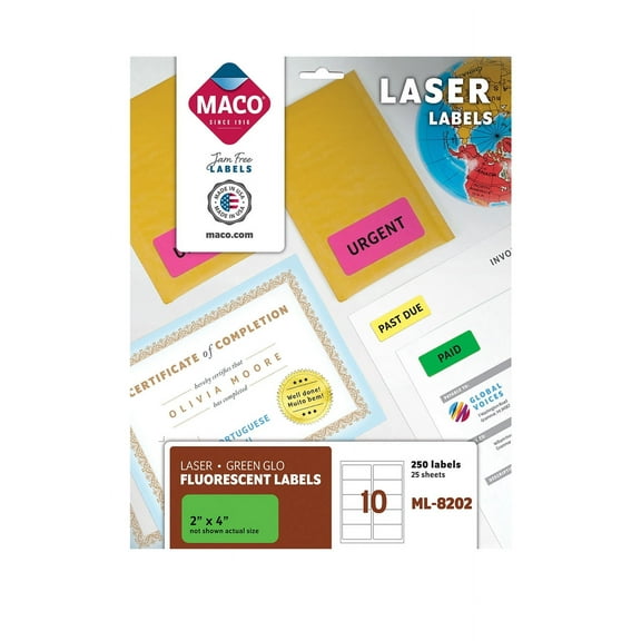 MACO Laser Green Neon Labels, 2" x 4", 10 per Sheet, 250 per Pack