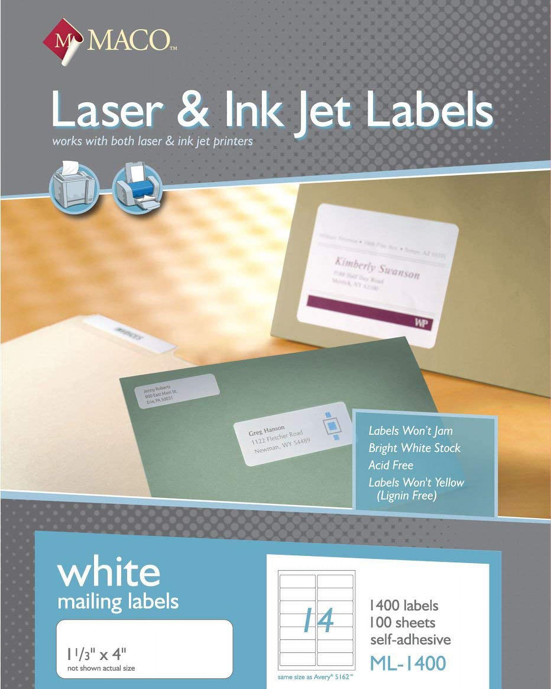 MACO Laser/Ink Jet White Address Labels, 1-1/3 x 4 Inches, 14 Per Sheet, 1400 Per Box (ML-1400)