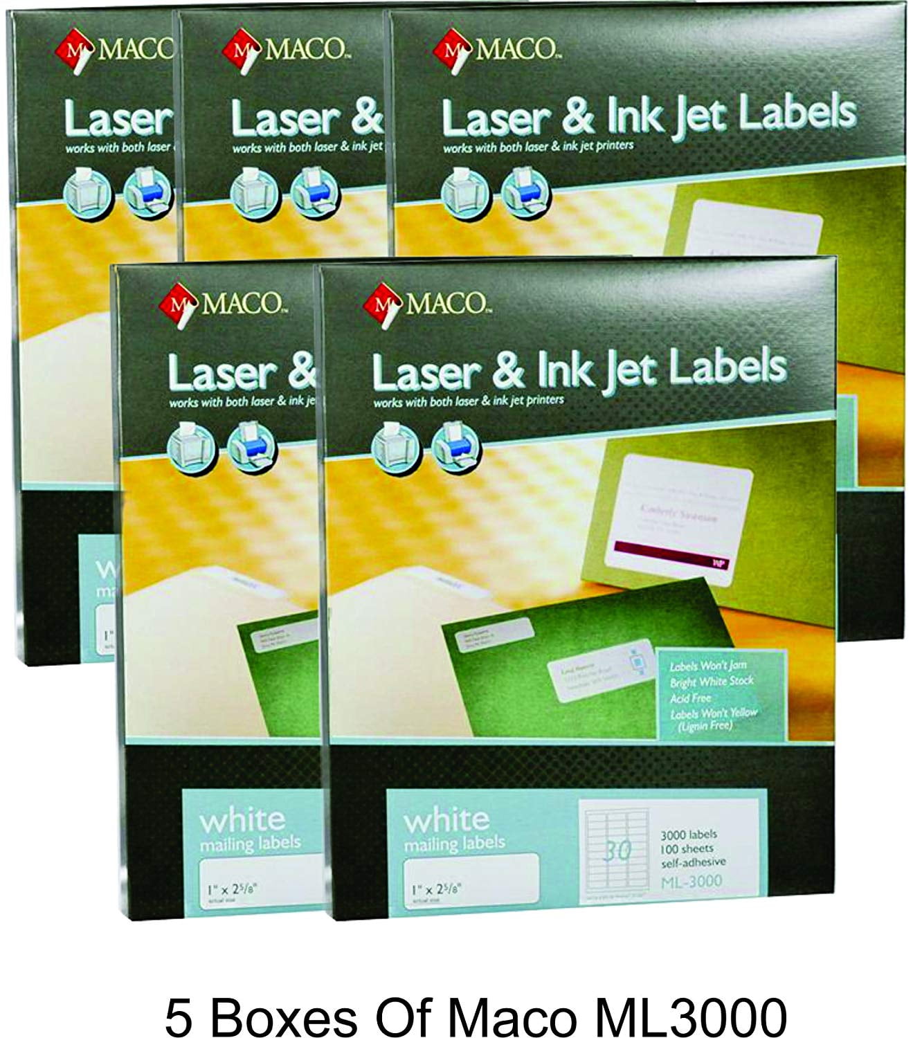 MACO Laser/Ink Jet White Address Labels, 1 x 2-5/8 Inches, 30 Per Sheet, 3000 Per Box (ML-3000) - 5 Boxes