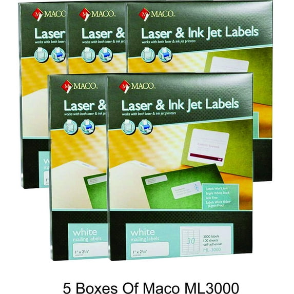 MACO Laser/Ink Jet White Address Labels, 1 x 2-5/8 Inches, 30 Per Sheet, 3000 Per Box (ML-3000) - 5 Boxes
