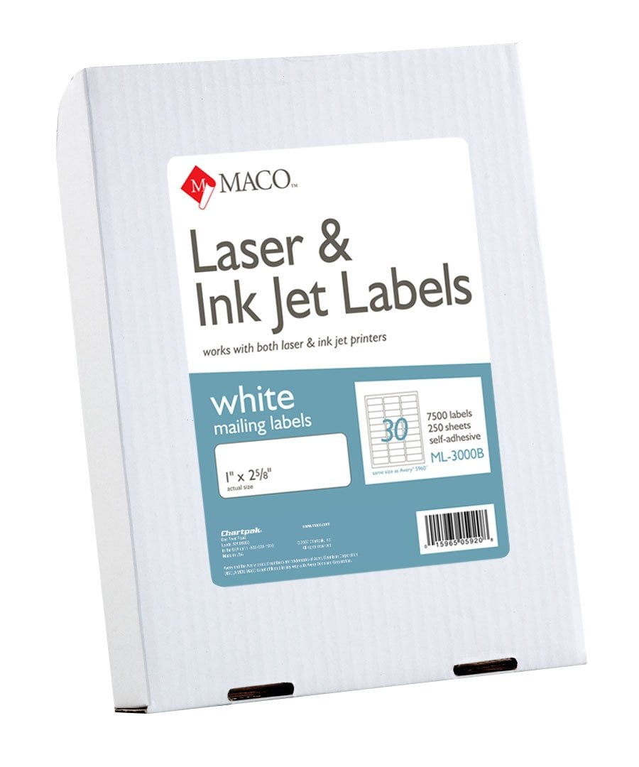 MACO Laser/Ink Jet White Address Labels, 1 x 2-5/8 Inches (ML-3000B) - Box of 250 Sheets, 7500 Labels Per Box