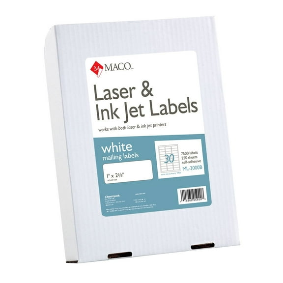 MACO Laser/Ink Jet White Address Labels, 1 x 2-5/8 Inches (ML-3000B) - Box of 250 Sheets, 7500 Labels Per Box
