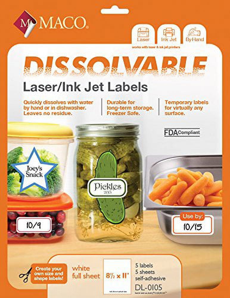 MACO Laser/Ink Jet White Dissolvable Full Sheet Labels, 8-1/2 x 11 ...