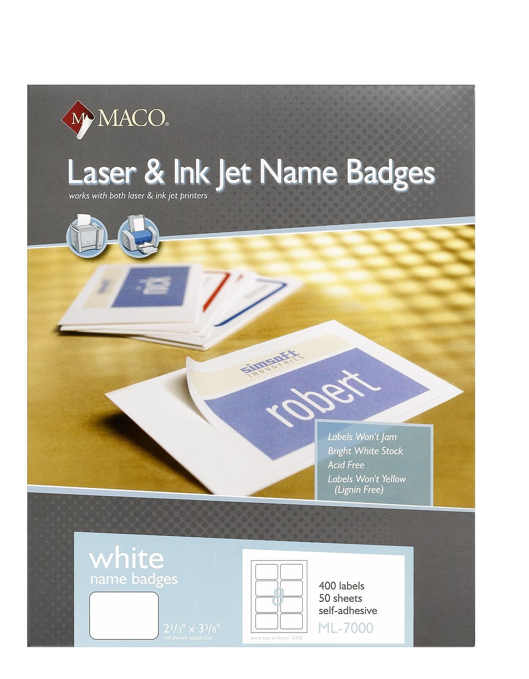 MACO Laser/Ink Jet White Name Badge Labels, 2-1/3 x 3-3/8 Inches, 8 Per ...