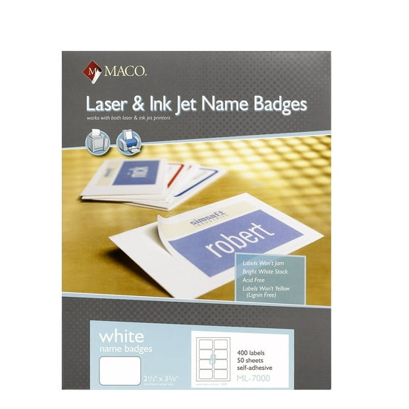 MACO Laser/Ink Jet White Name Badge Labels, 2-1/3 x 3-3/8 Inches, 8 Per Sheet, 400 Per Box (ML-7000)