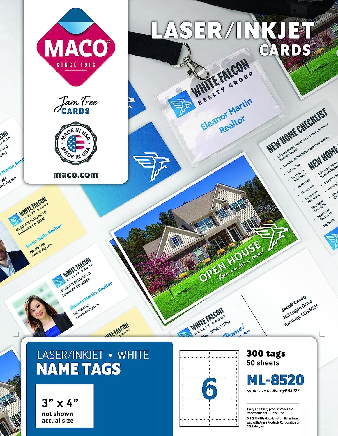 MACO Laser/Ink Jet White Name Tags, 3" x 4", 6 per Sheet, 300 per Box (ML-8520)