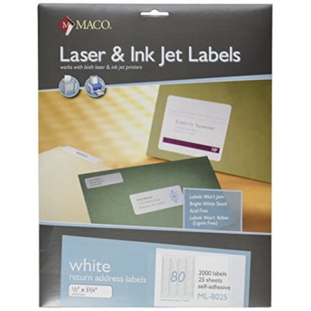 MACO Laser/Ink Jet White Return Address Labels, 1/2 x 1-3/4 Inches, 80 Per Sheet, 2000 Per Pack (ML-8025)