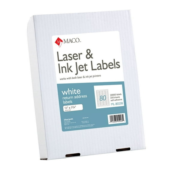 MACO Laser/Ink Jet White Return Address Labels, 1/2 x 1-3/4 Inches, 80 Per Sheet, 20000 Per Box (ML-8025B)