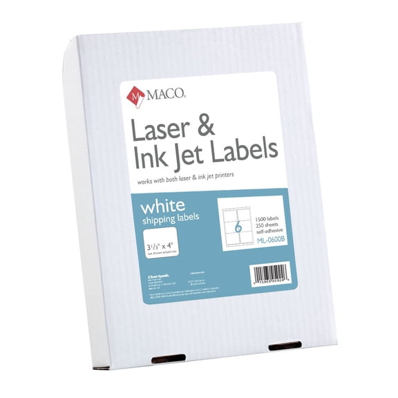 MACO Laser/Ink Jet White Shipping Labels, 3-1/3 x 4 Inches, 6 Per Sheet, 1500 Per Box (ML-0600B)